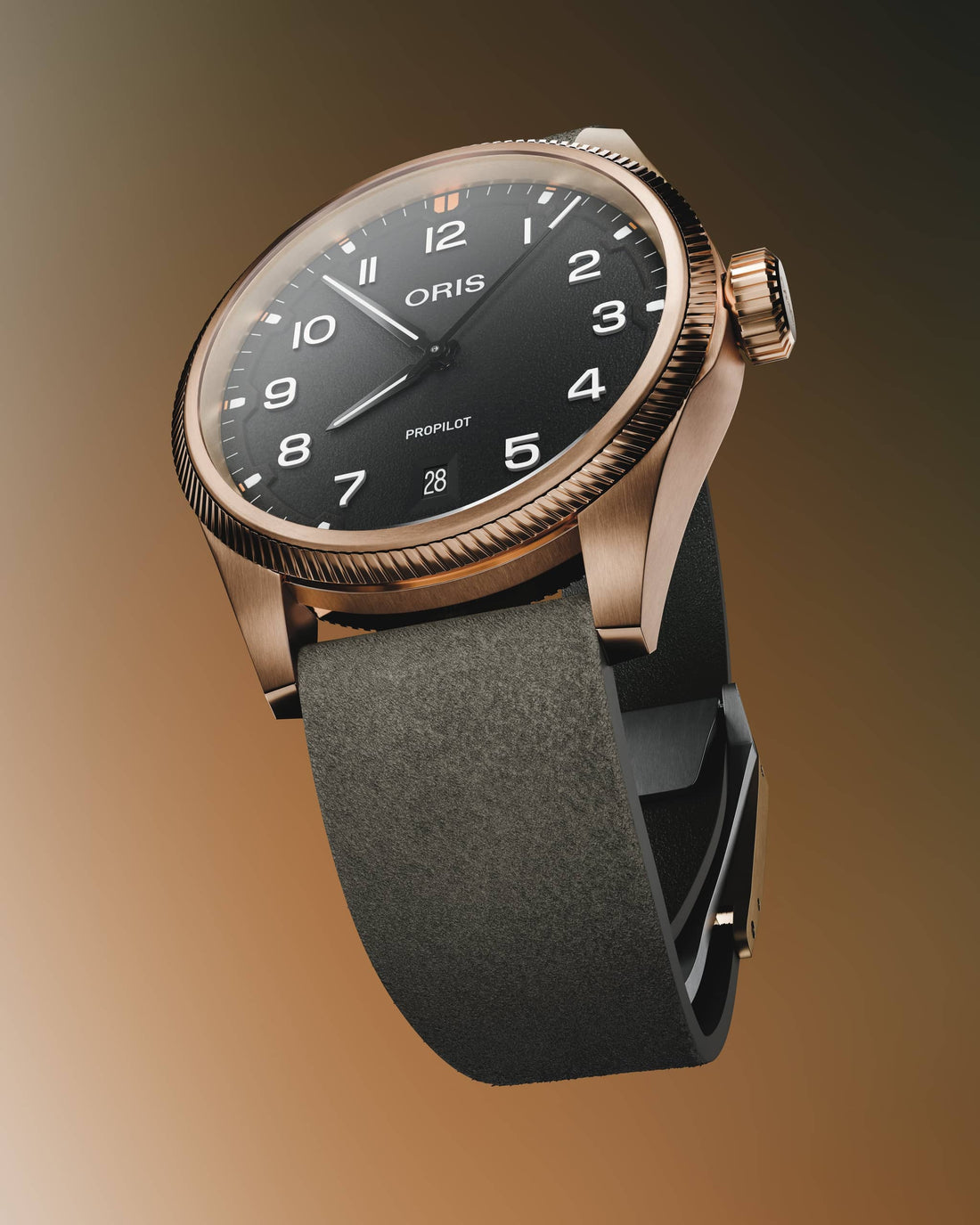 ORIS 豪利時 ProPilot Bronze 41mm 青銅腕錶，黑色面盤與深綠色麂皮錶帶，01 733 7805 3164-07 6 2022BRLC